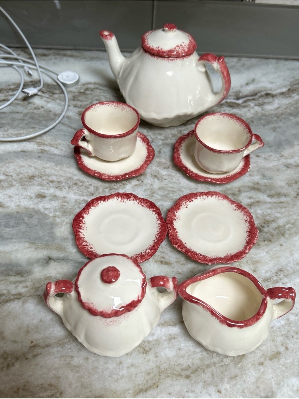 CHILDS MINATURE CERAMIC TEA POT SET 11 pieces cups, saucers , sugar cream